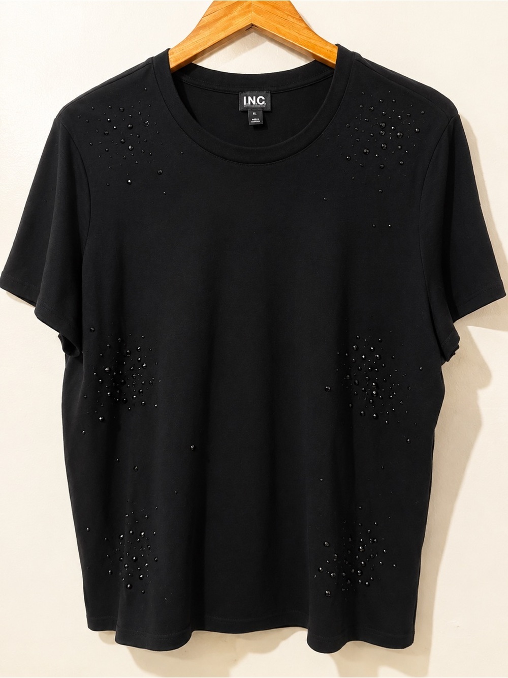 INC International Concepts Black Short Sleeve Tee with Bead Accents
